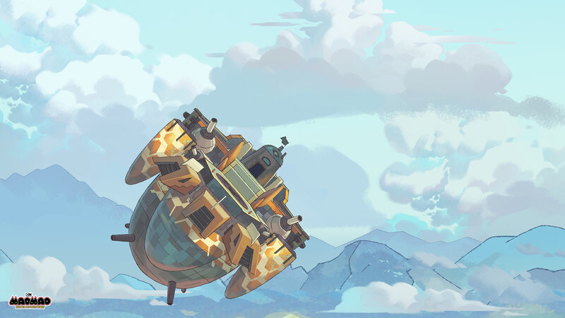Airship Flying over Mountains — Blue