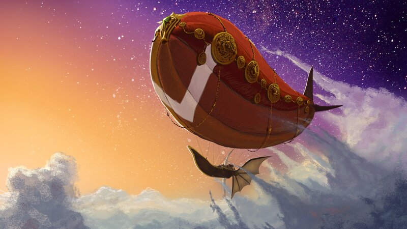 airship flying through starry sky