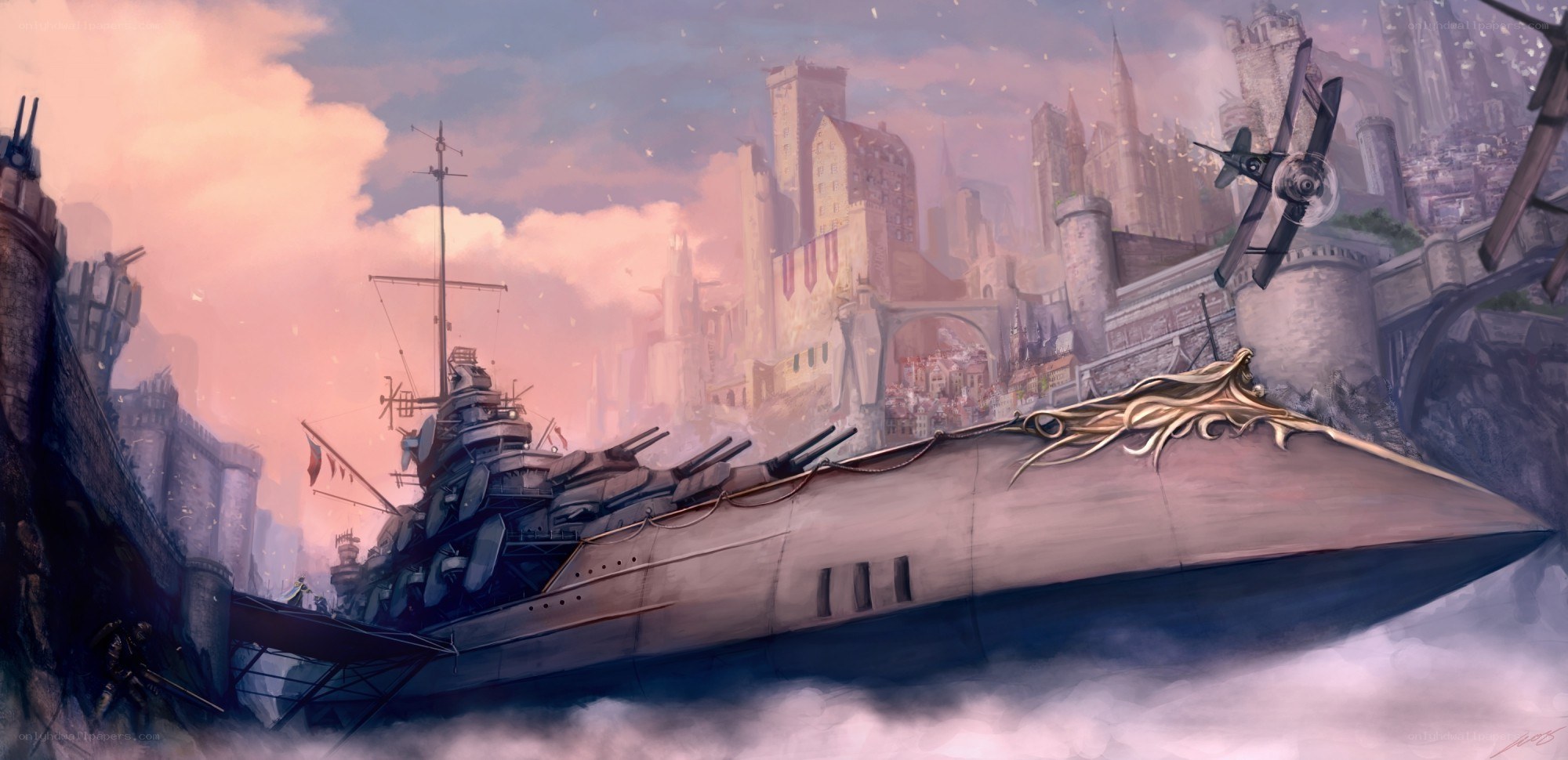 Airship in a fantasy city