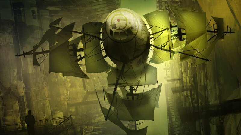 airship in a foggy city