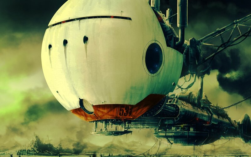 Airship in Cloudy Sky — Green, Dramatic