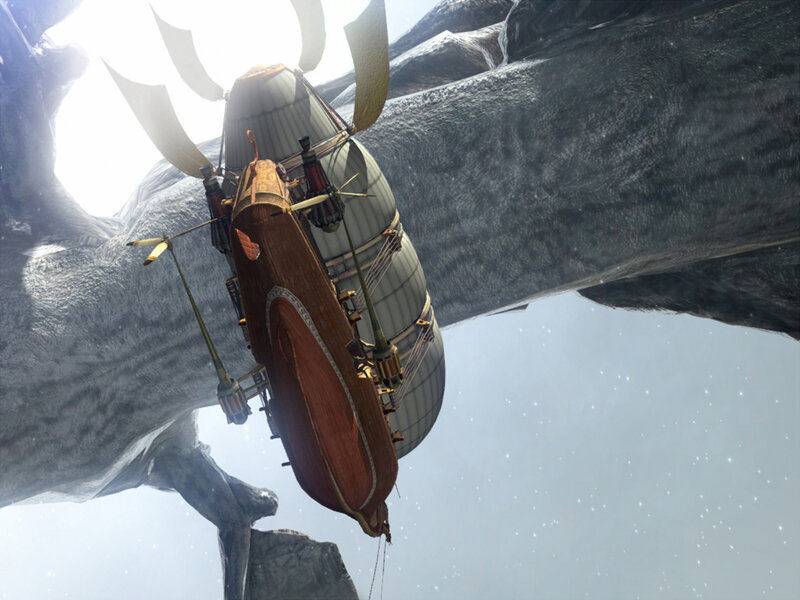 airship in rocky canyon