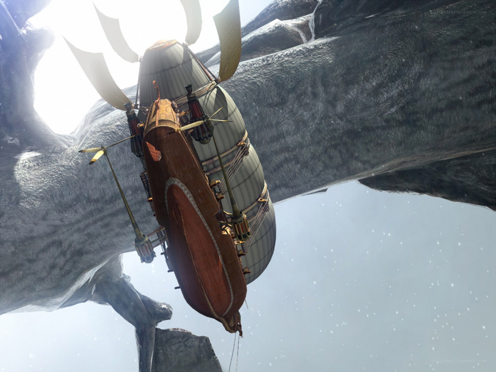 airship in rocky canyon
