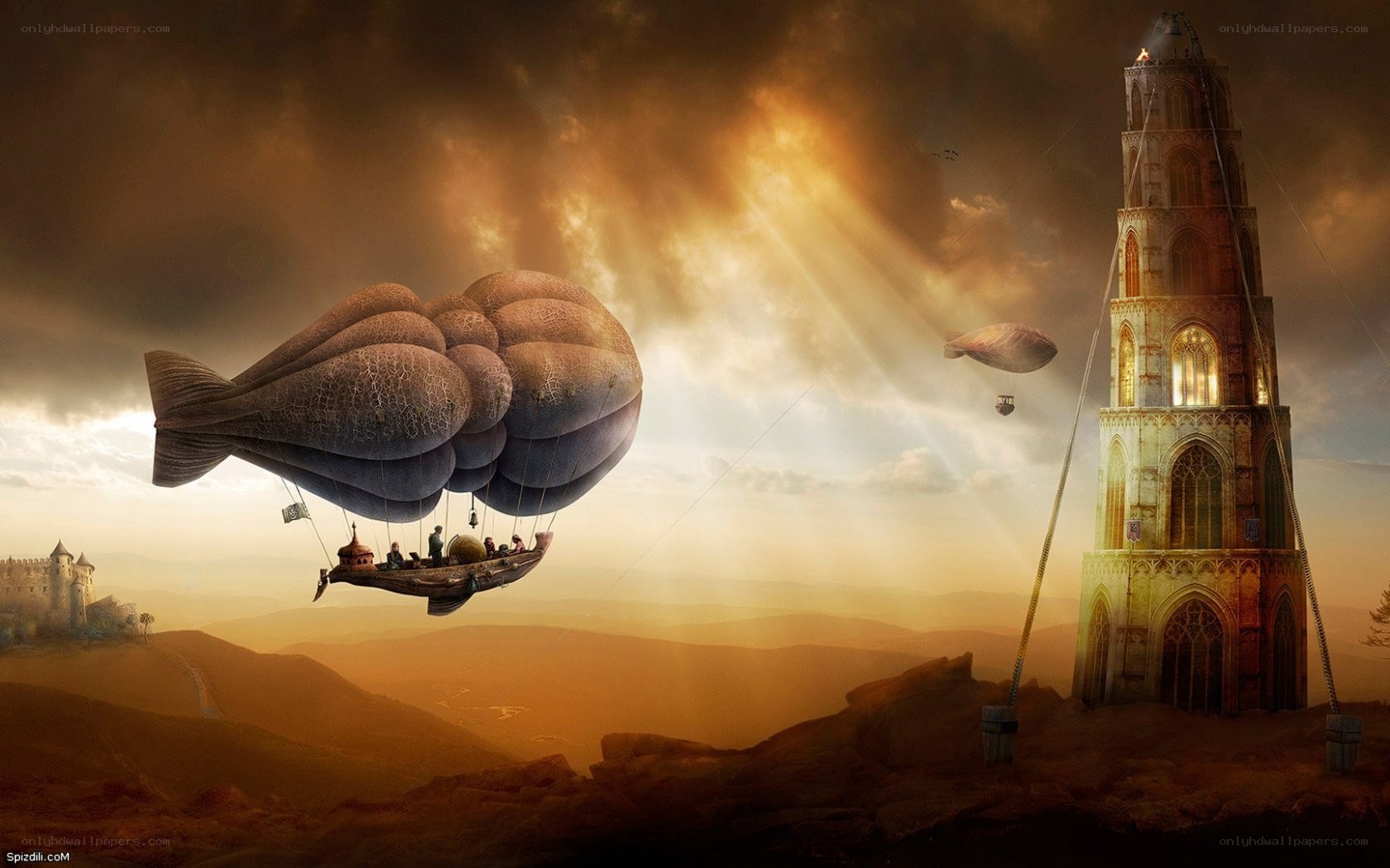 Airship near ancient tower