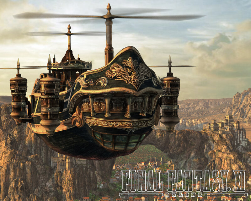 airship over a cliffside city