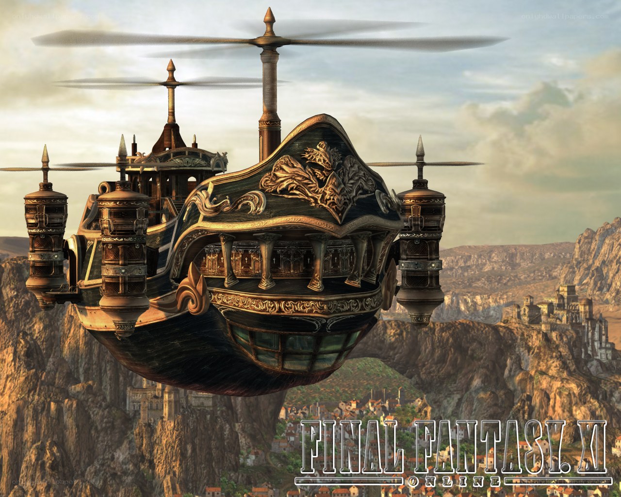 airship over a cliffside city
