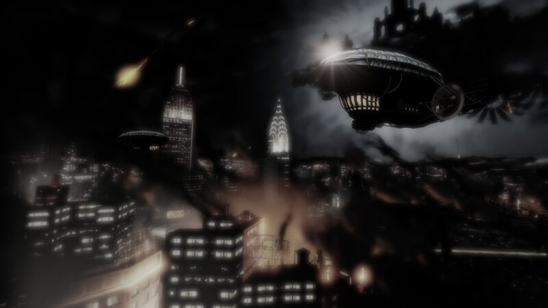 airship over a dark city