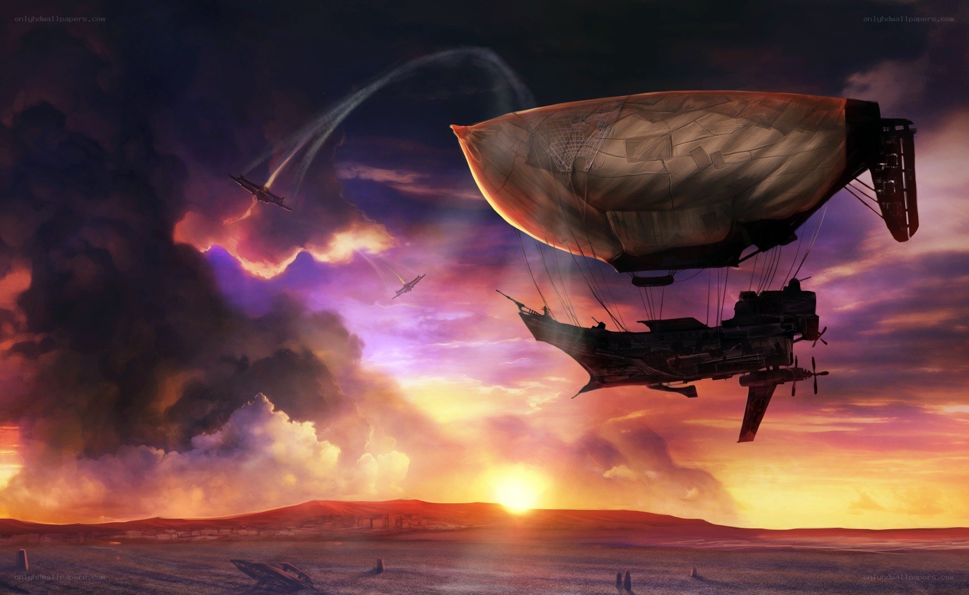 Airship over a war-torn landscape