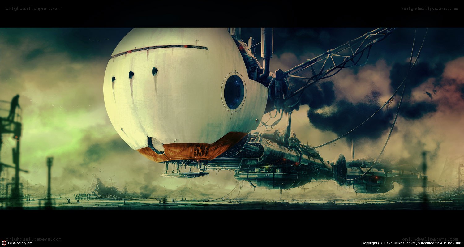 airship over a war-torn landscape