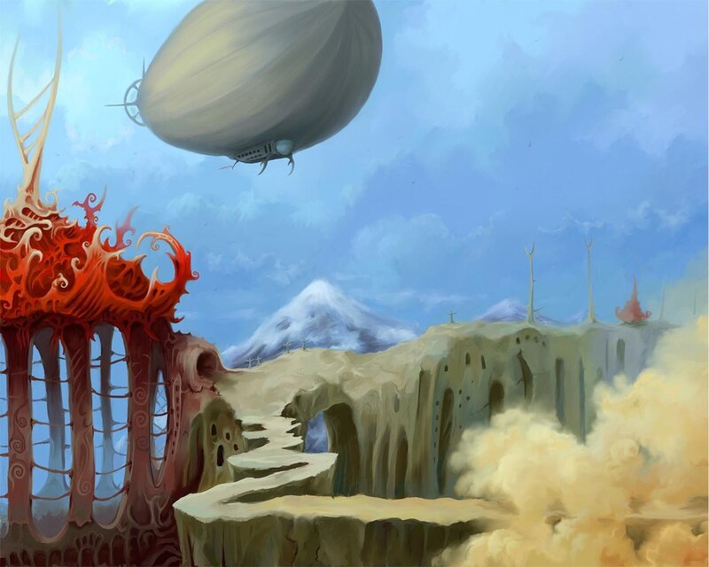 Airship over Alien Landscape — Blue, Dramatic