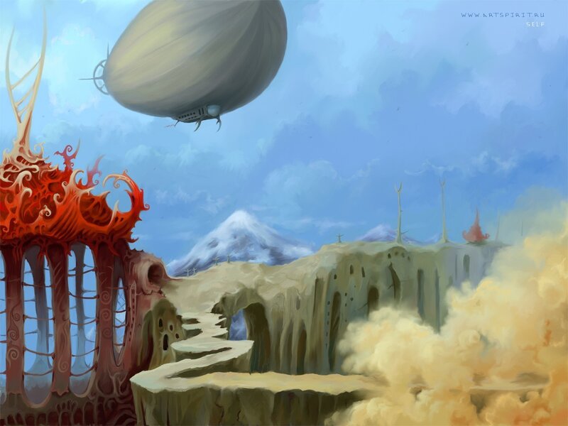 Airship over alien landscape