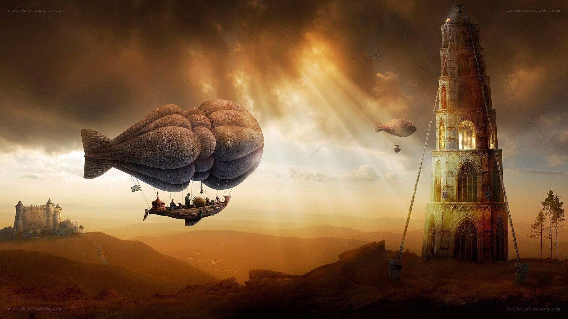 Airship over ancient towers