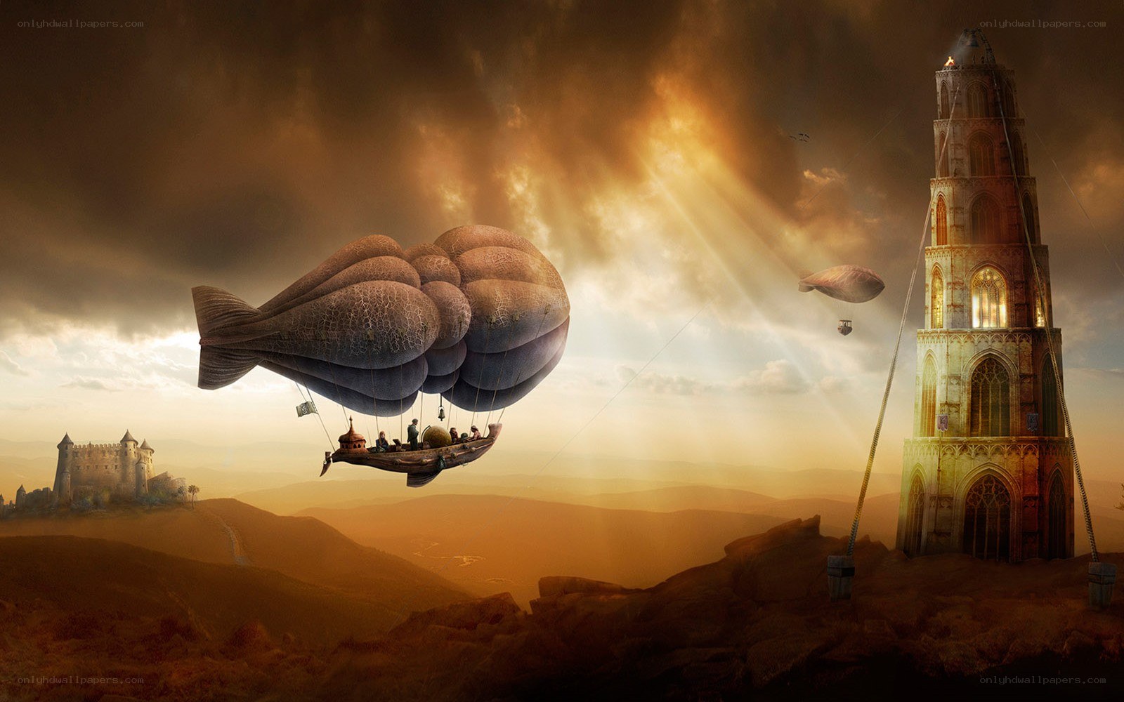 Airship over ancient towers