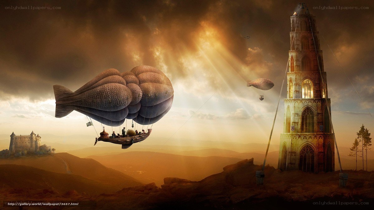 Airship over ancient towers