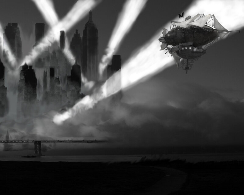 Airship over City — Black, Dramatic, Night, Digital Art