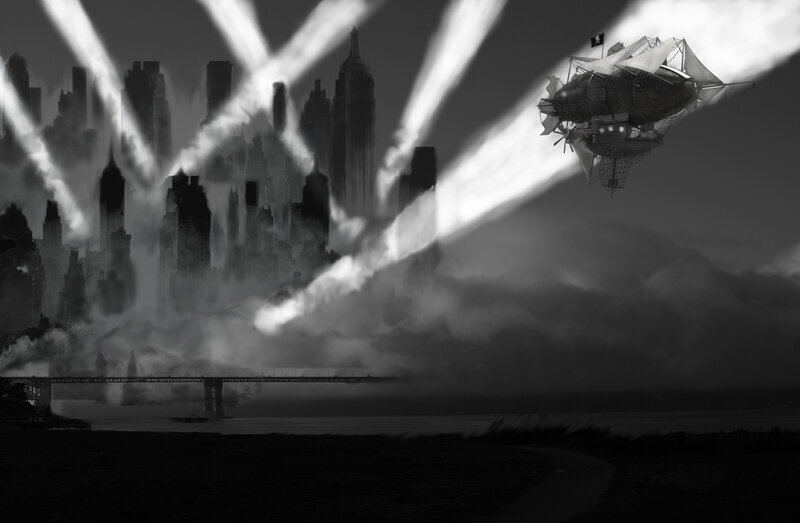 Airship over City — Black, Dramatic, Night