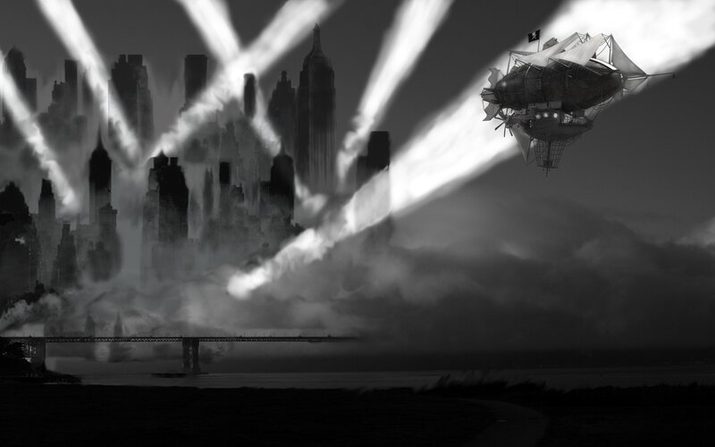 Airship over City — Black, Dramatic