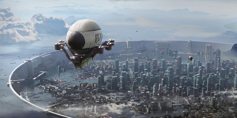 Airship over City — Gray, Dramatic