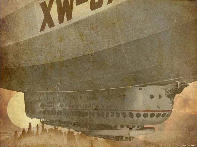 Airship over cityscape