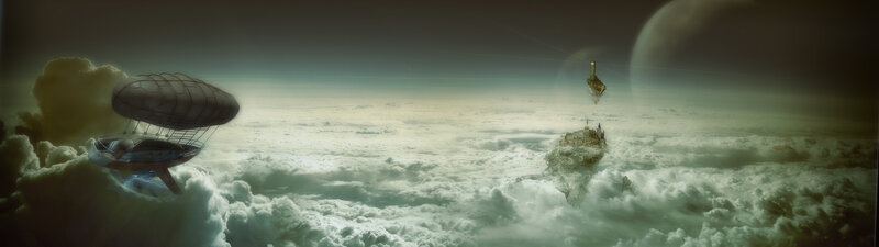 Airship over Clouds — Green, Dramatic
