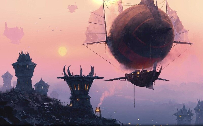 Airship over Fortress — Pink, Dramatic, Sunset