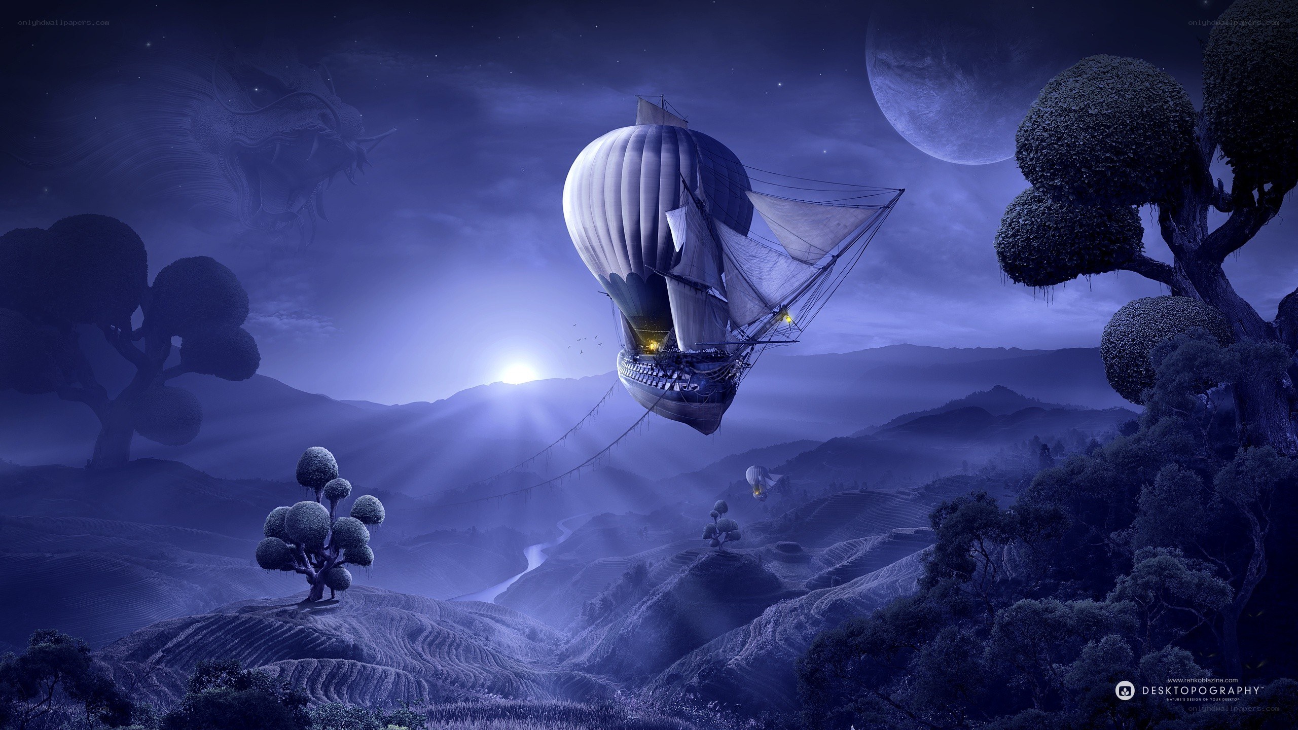 Airship over moonlit hills