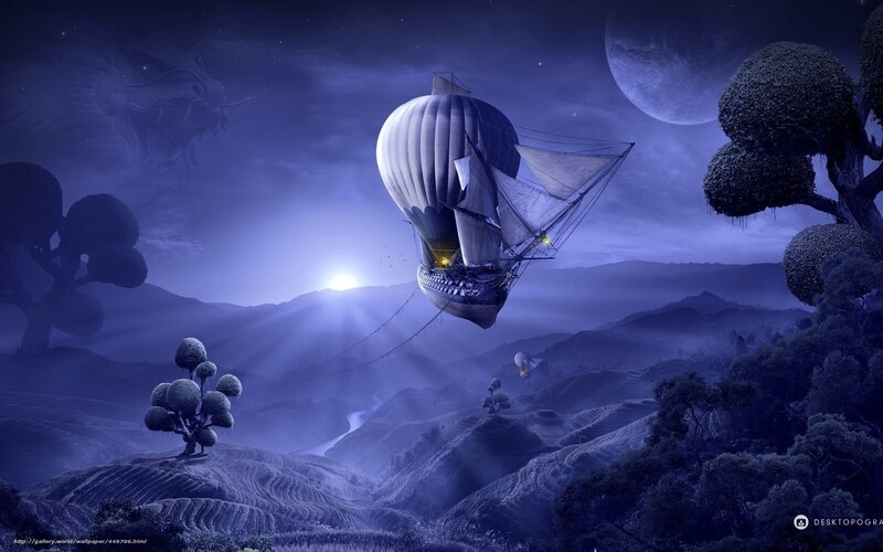 Airship over moonlit hills