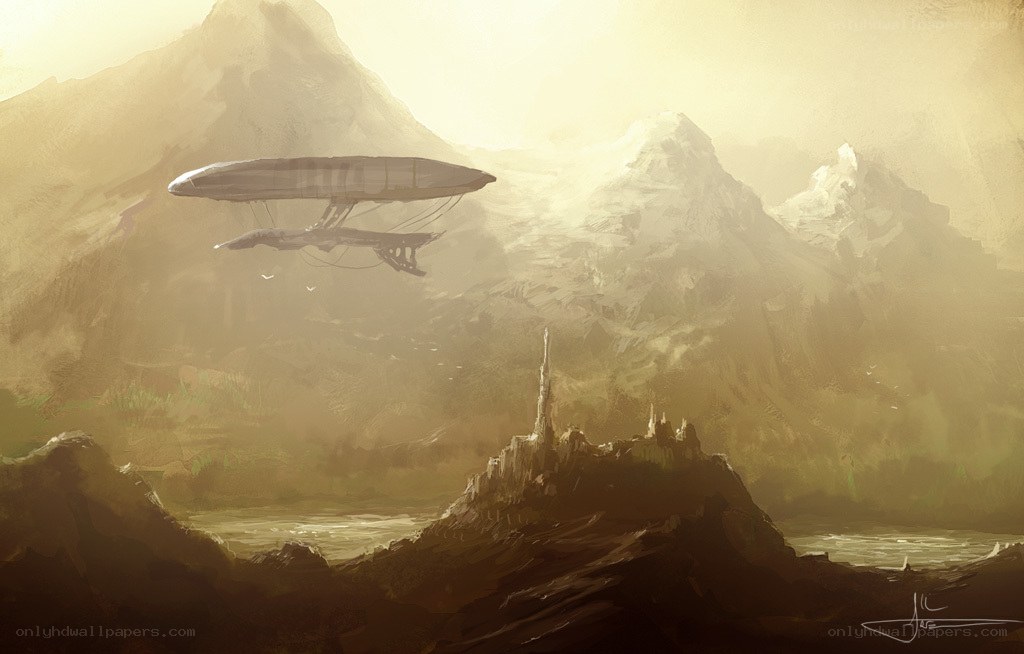 Airship over mountain fortress