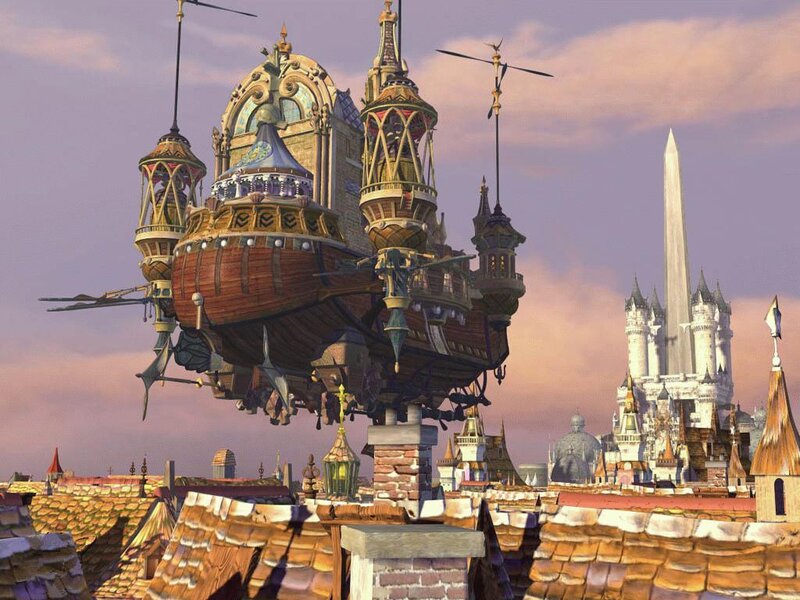 Airship over Rooftops — Purple, Fantastical