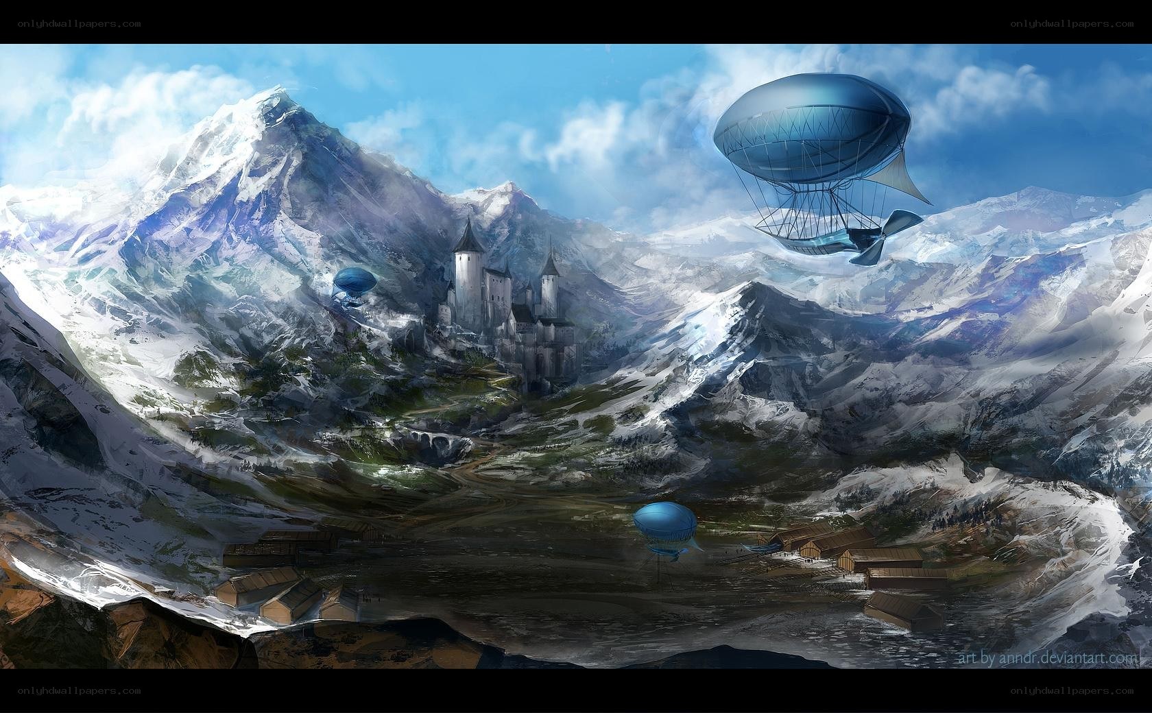 Airship over snowy mountain castle