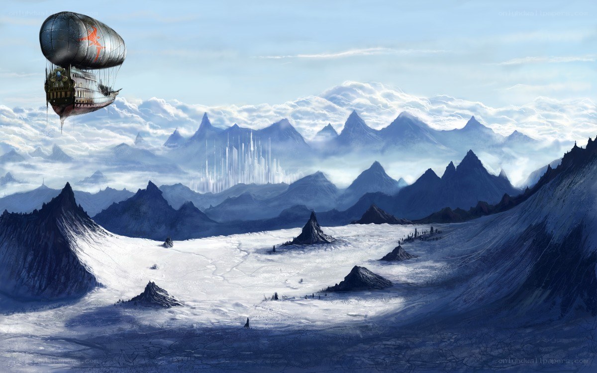Airship over snowy mountains