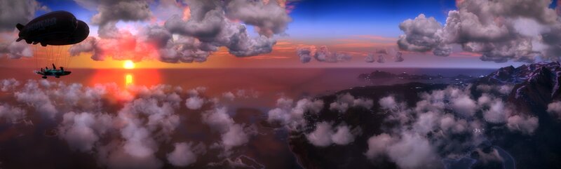 Airship over sunset seascape