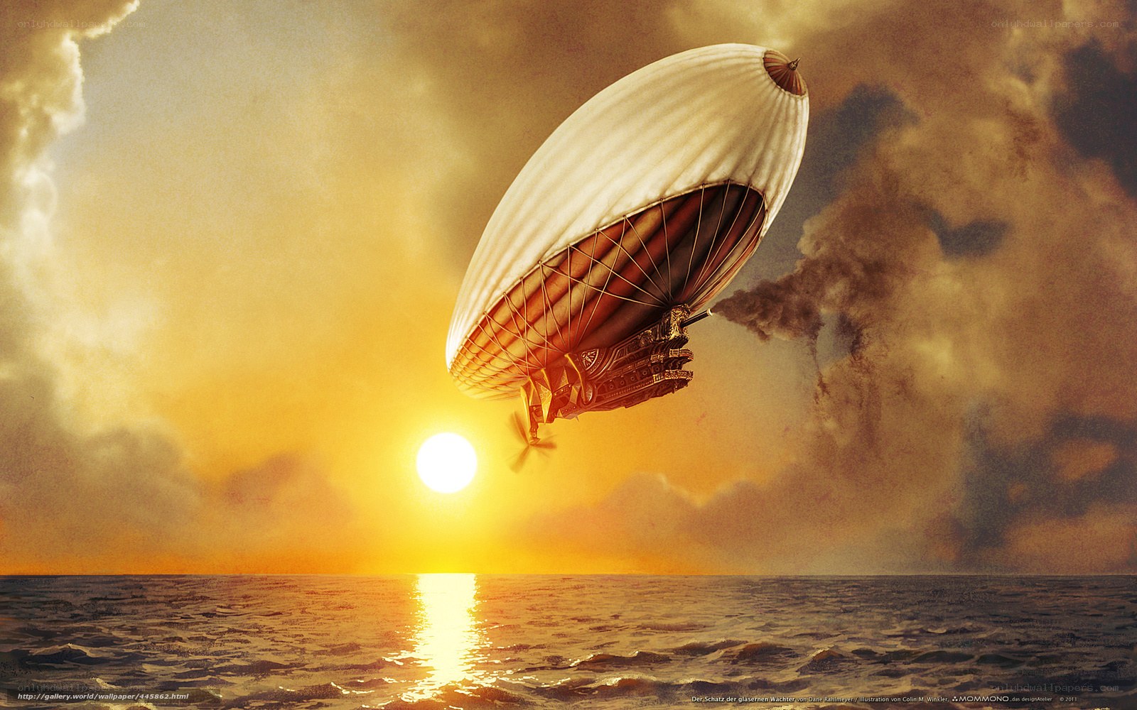 Airship over the ocean at sunset