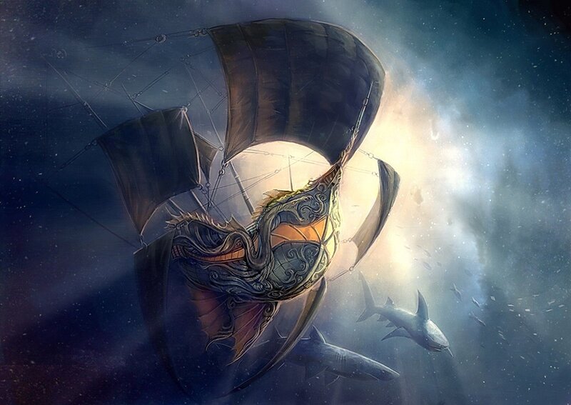 airship with shark companions