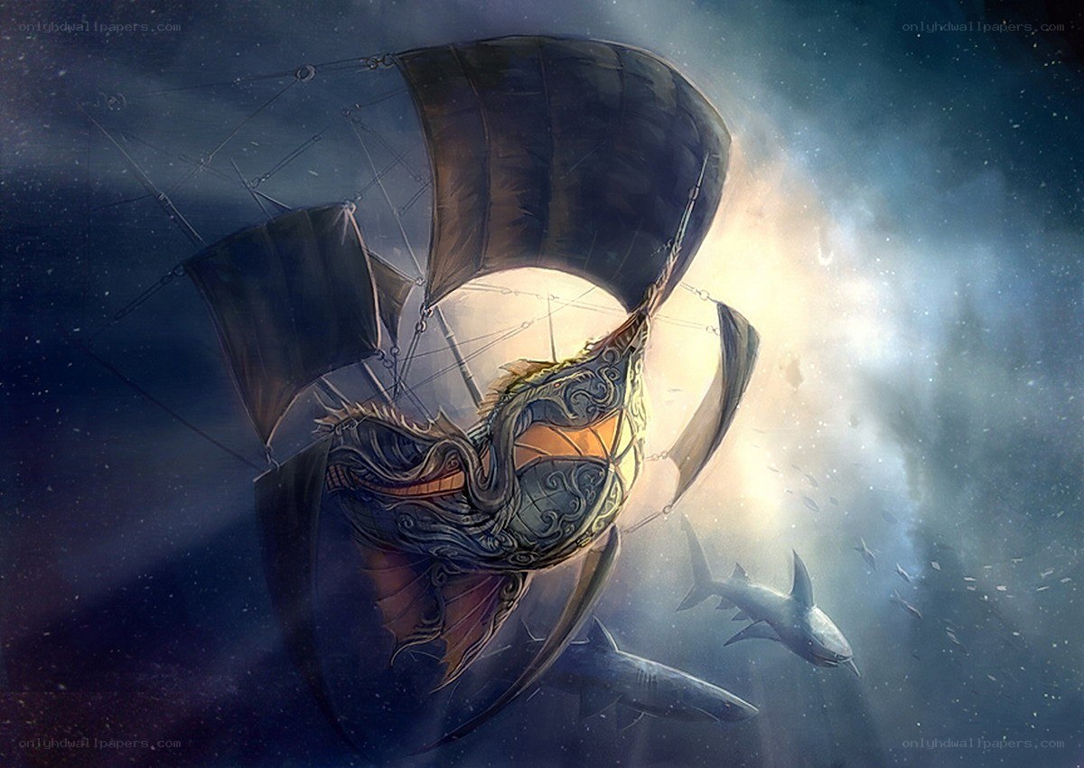 airship with shark companions