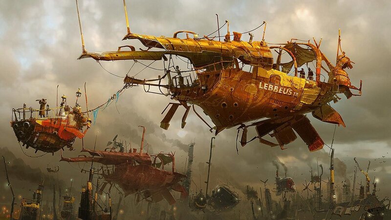 airship wreckage in a dystopian sky