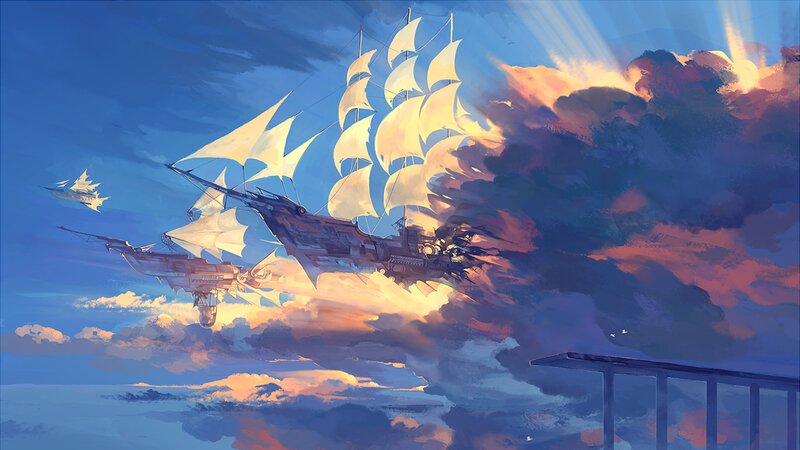 Airships in Sky — Blue, Dramatic, Sunset