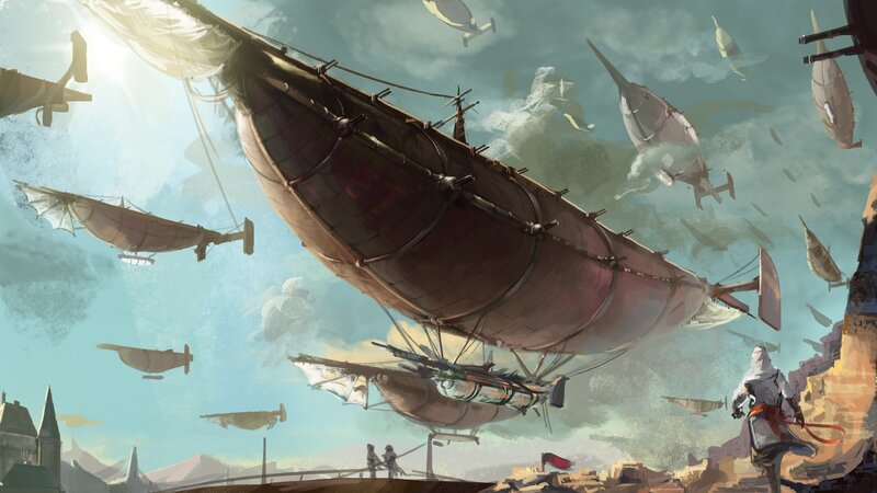 Airships in Sky — Blue, Dramatic