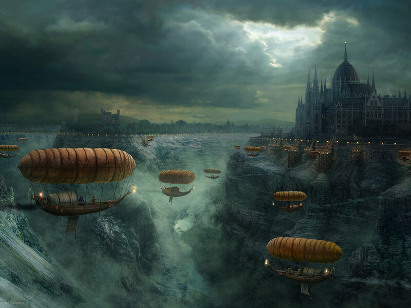 Airships over a canyon city