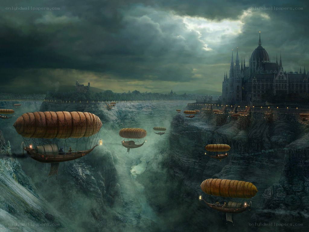 Airships over a canyon city