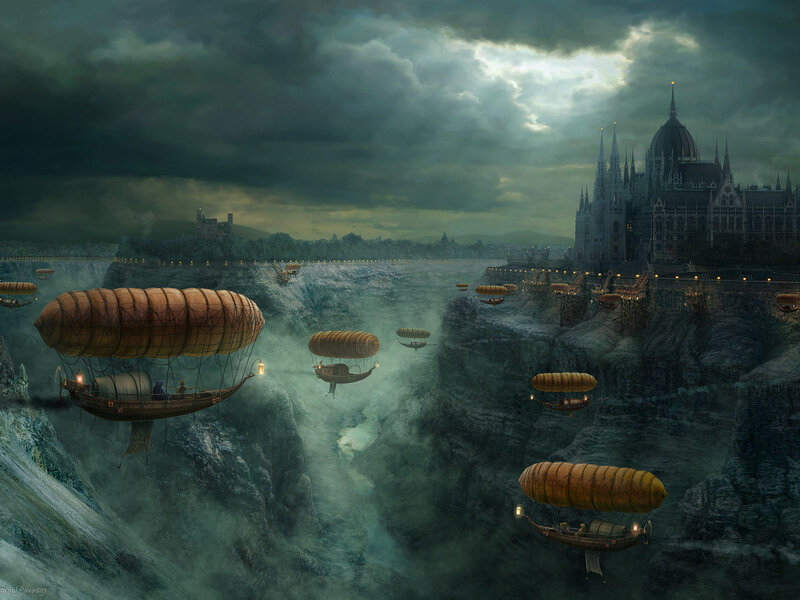 Airships over a canyon city
