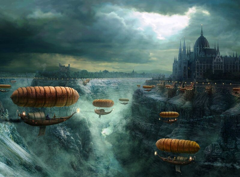 Airships over a canyon city