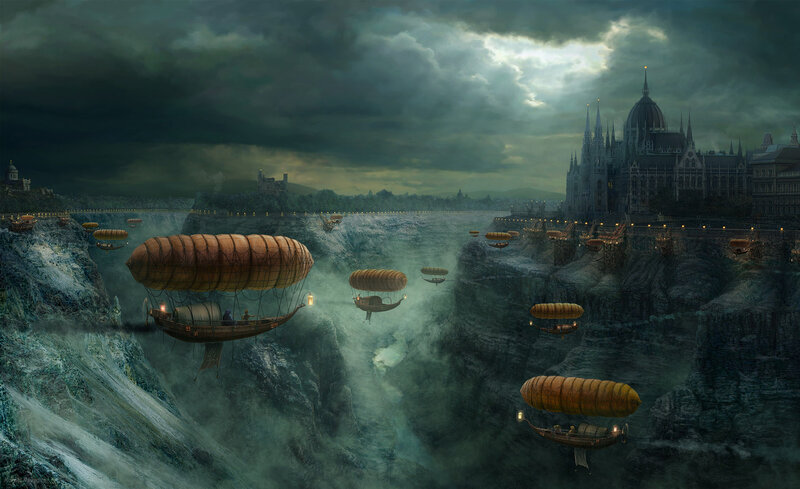 Airships over a canyon city