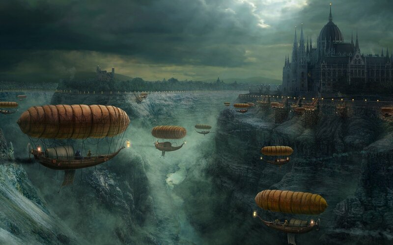 Airships over a canyon city