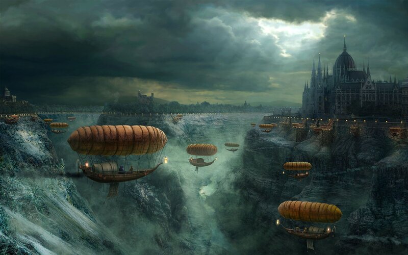 Airships over a canyon city