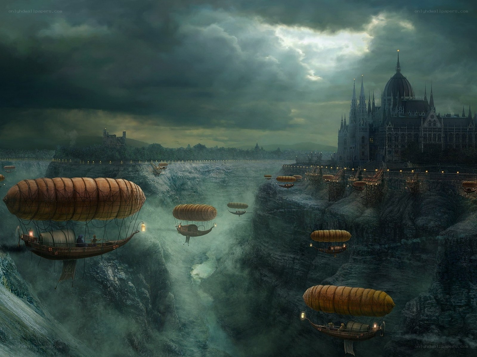 Airships over a canyon city