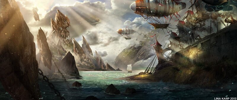 Airships over a coastal fortress