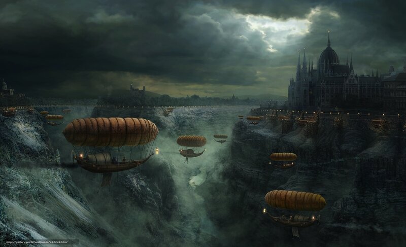 Airships over a dark canyon