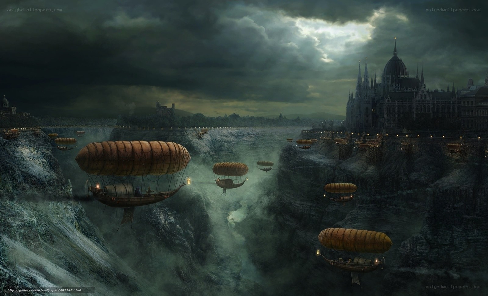 Airships over a dark canyon