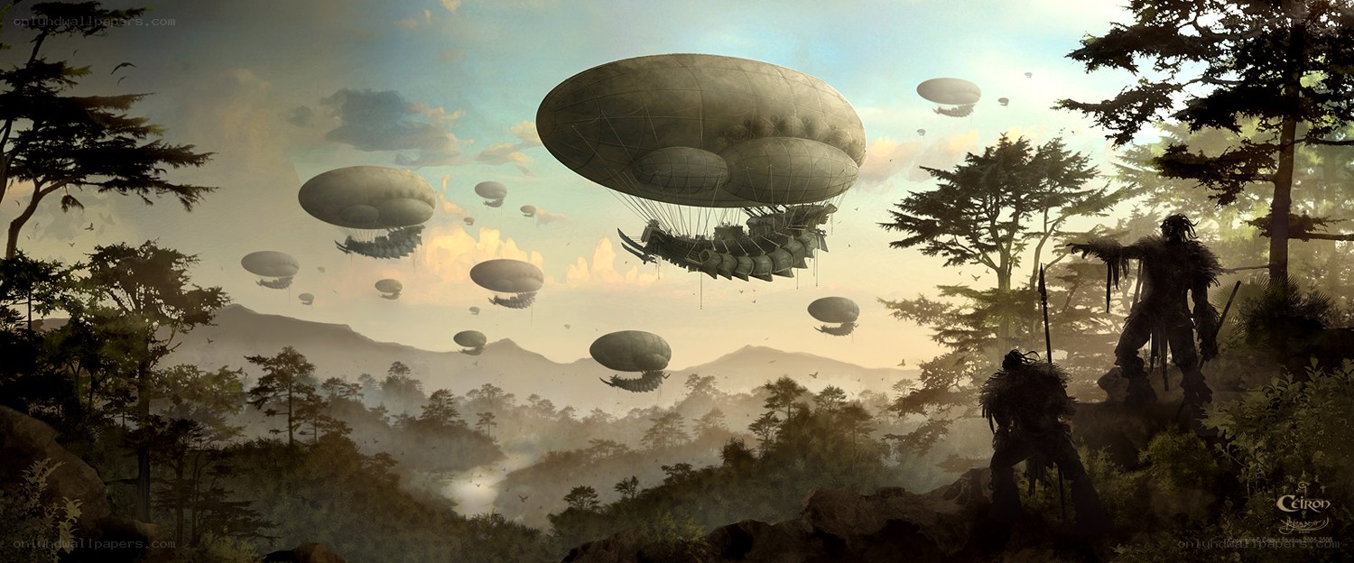 Airships over a forested valley